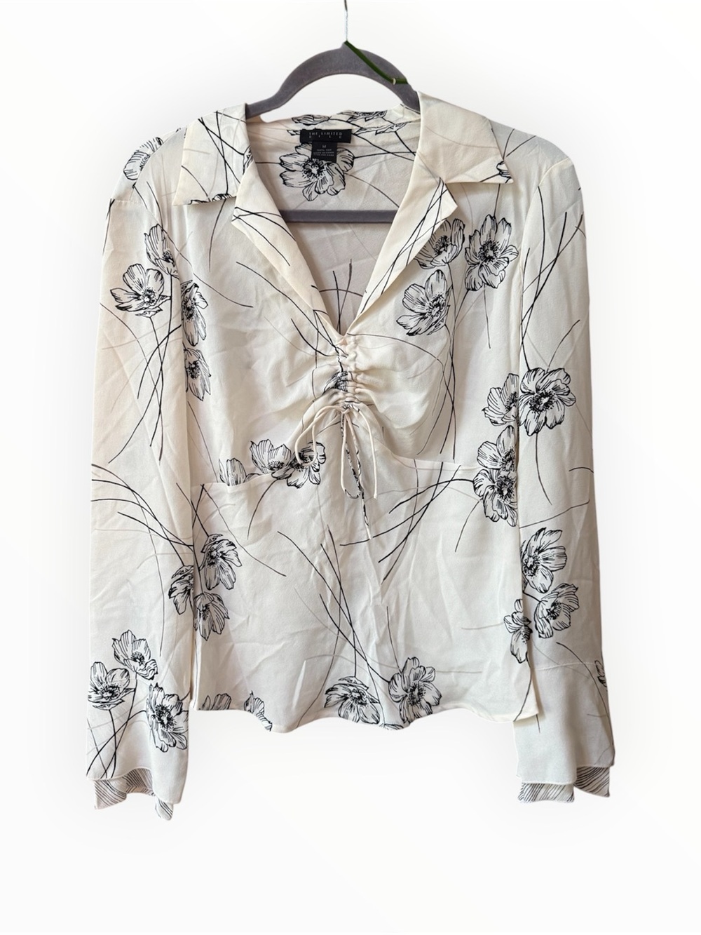 Vintage Y2K The Limited Ruched Drawstring Long-Sleeve silk floral blouse EUC